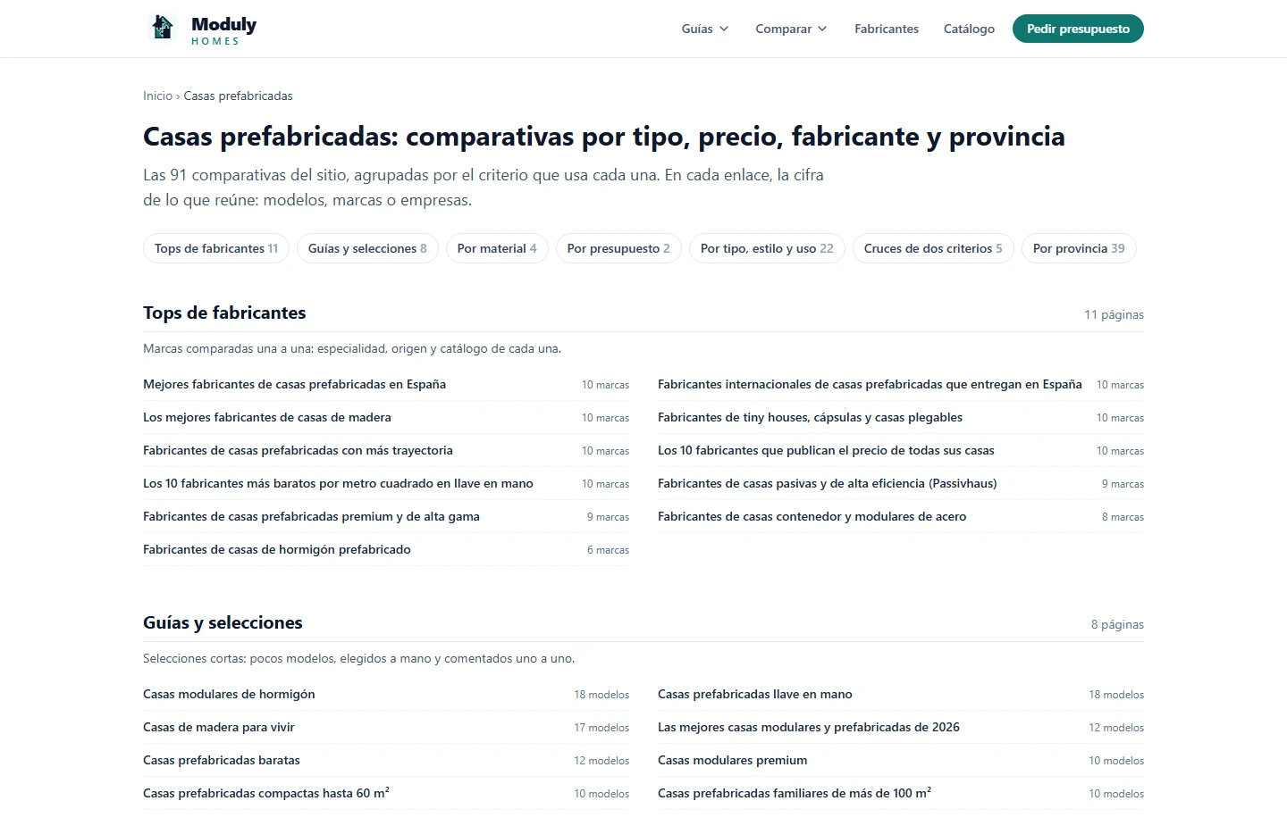 The comparison hub on modulyhomes.com: 91 comparison pages grouped by manufacturer tops, guides, material, budget, type and province, each link with a live count of models or brands