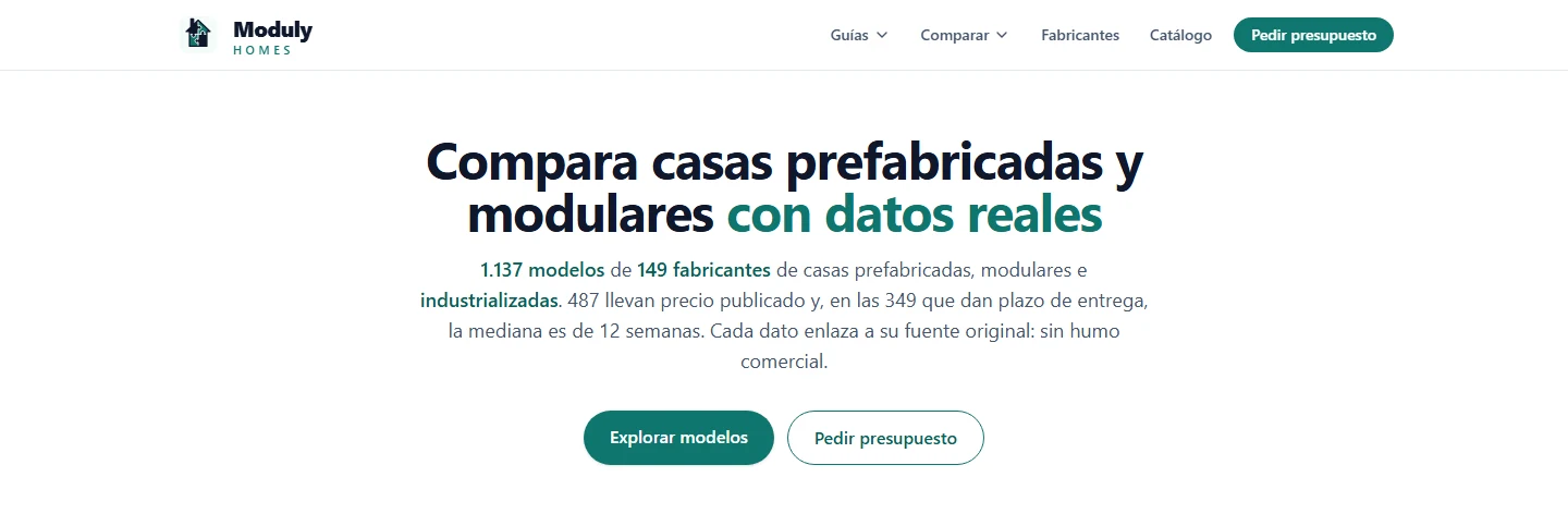Moduly Homes home page headline with the live catalog figures