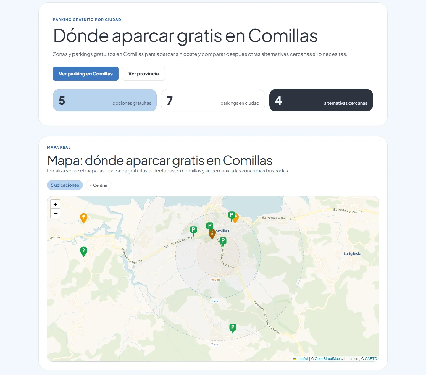 Town page for Comillas: the headline "Dónde aparcar gratis en Comillas", counters for 5 free options, 7 car parks in town and 4 nearby alternatives, and a map with parking pins and 500 m, 1 km and 2 km distance rings.